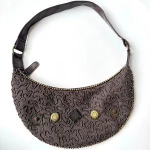 Beaded Made In India Brown Crescent Mini Shoulder Bag Party Purse Zipper Y2K thumbnail 1