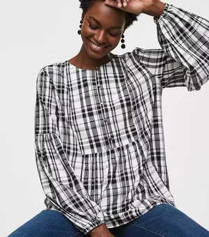 LOFT ANN TAYLOR Top Peplum Plaid Blouson Henley B&W Business Casual Size Small thumbnail 2