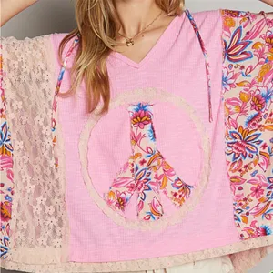 NEW POL Pink Blush Oversized Peace Sign Floral Mixed Media V-Neck Hoodie Top S thumbnail 5