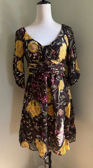 Christiane Celle‎ Calypso St Barth Silk Floral Mini Dress Brown Yellow S boho thumbnail 1