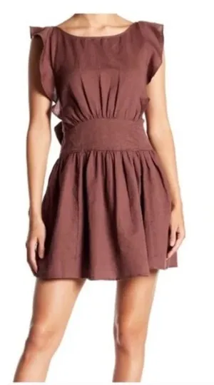 Free People Erin Ruffled Mini Dress Cut Out Back Linen Brown Size Large thumbnail 1