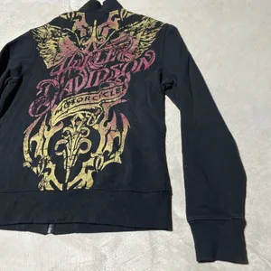 Y2K Harley Davidson Women's SZ L Sweatshirt Black Collar Applique Zip AOP thumbnail 12