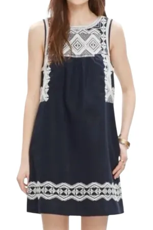 Madewell Navy Blue Linen Blend Aztec Embroidered Knee Length Dress Size Small thumbnail 1