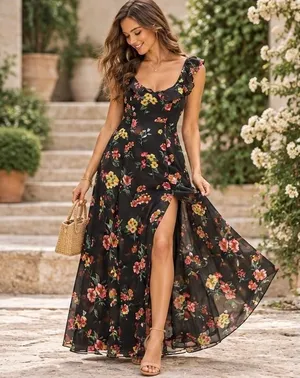 Forever 21 Contemporary Black Floral Maxi Dress Ruffle Tie Back Slit Small thumbnail 1