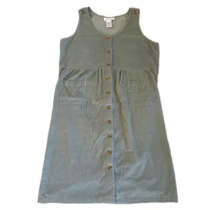 Vintage Style Sage Green Corduroy Button-Front Midi Pinafore Dress Pockets Fall thumbnail 3