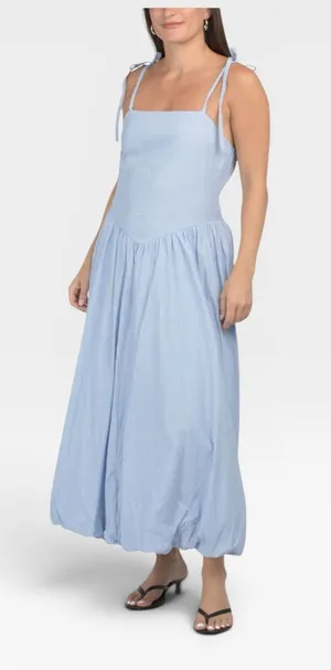NWT TULIP 100% Cotton V Waist Light Blue Tie-Shoulder Maxi Dress SMALL thumbnail 1
