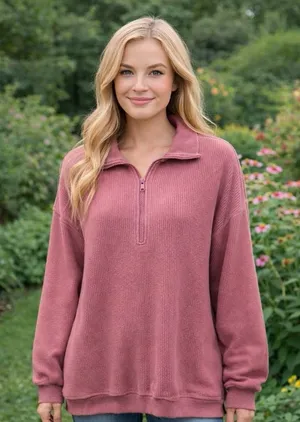 Aerie Oversized Beyond Ribbed Quarter‎ Zip Pullover Sweater Pink Cozy S thumbnail 1