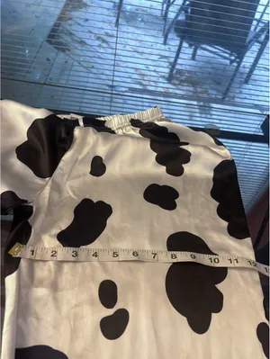 Satin Cow Animal Print 2-Piece Pajama Set Button Front Collared Black/White thumbnail 8
