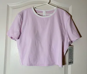 Lululemon Tight Fit Cropped Shelf Bra Tee NWT Sz Large PNKO/WHT thumbnail 1