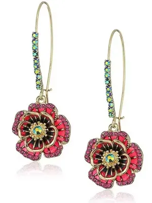 Betsey Johnson Pink Floral Drop Exquisite Rose Crystal Red Enamel Gold tone hook thumbnail 1