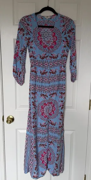 Entro Long Sleeve Blue Pink Floral Bohemian Button Down Maxi Dress Size Small thumbnail 1