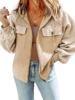 SHEWIN Women Jackets Casual Fuzzy Sherpa Hooded Zip Up Coats Apricot. Size L thumbnail 1