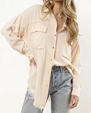 Bohme Boho Button-Up Tunic Shirt Peach Oversized Soft Girl Utility Raw Hem thumbnail 1