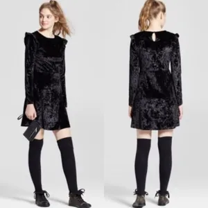 Mossimo Supply Black Velvet Crushed Long Sleeve Ruffle Trim Whimsigoth Dress L‎ thumbnail 2