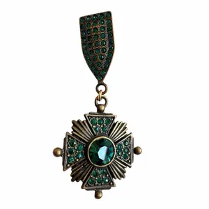 Vintage Maltese Cross Emerald Rhinestone Drop Brooch thumbnail 1