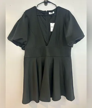 NWT Showpo. Margerie Plunge Puff Sleeve Fit & Flare Black Mini Dress Size 16 thumbnail 3