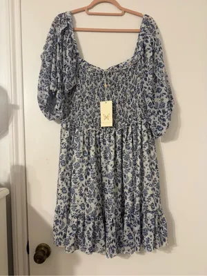 NWT Revolve | Super Natural by Secret Mission |Blue Greenport Puff Sleeve Dress thumbnail 4