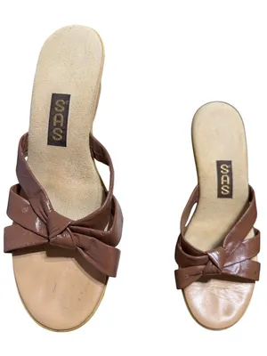 SAS Brown Leather Wedge Sandals Shoes Rubber 2.5" Heel Strappy Knot 249070 Sz 8 thumbnail 2