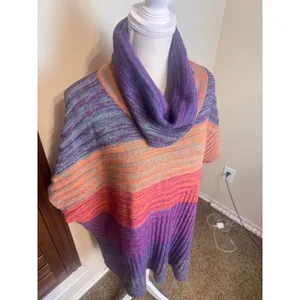 Multiples Women XL Poncho Cowl Neck Sweater Wool Blend Striped Purple Orange thumbnail 2