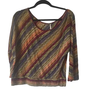 Free People Women's Medium Rainbow Striped Open Knit Round Neck‎ Boho Top thumbnail 1