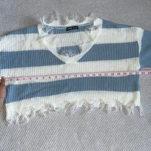 Shein White Blue Stripe Cropped Distressed Sweater Sz Sm thumbnail 5