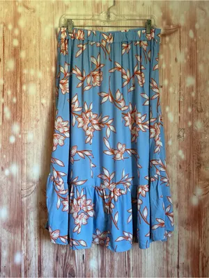 Talbots Blue Flowing Orange Hibiscus Ruffle Tiered Midi Skirt Size M thumbnail 5
