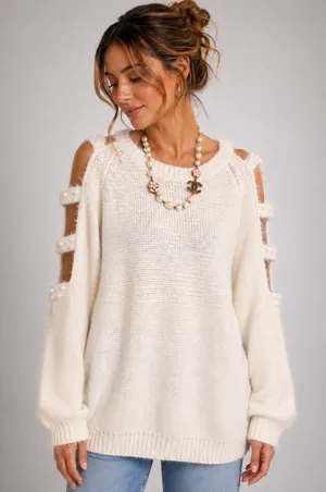 Easel Cream Pearl Cutout Sleeve Fuzzy Knit Sweater S/M thumbnail 1
