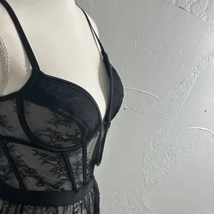 Roma Black Sheer Lace Babydoll Chemise with Plunge Cups thumbnail 8