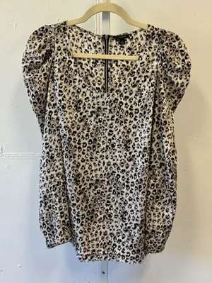 Ann Taylor Leopard Print Puff Shoulder Back Zip Blouse Top Tan Black Size 6 thumbnail 1