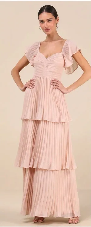Lulus Notorious Charm Blush Pleated Flutter Sleeve Maxi Dress Size XS Formal thumbnail 1