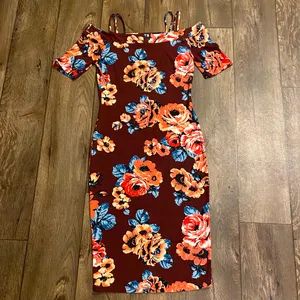 ADC Floral Off Shoulder Bodycon Midi Dress Small Maroon Pink Blue thumbnail 2