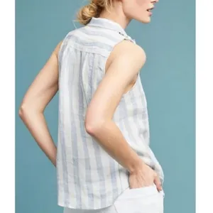Anthropologie Maeve Edinboro Linen Top blue white‎ sz M thumbnail 4