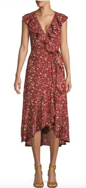 Max Studio Rust Floral Ruffle High Low Wrap Midi Dress Romantic Boho Summer Sz S thumbnail 1