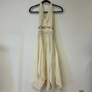 Vintage 1960s Handmade Embroidered Gauze Halter Maxi Dress Hippie Folk thumbnail 3