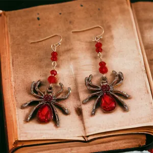 Spider Design With Red Faux Zircon Inlaid Dangle‎ Earrings Retro Goth Style thumbnail 3