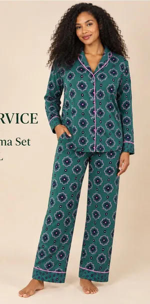 Room Service Green Floral Notch Collar 2-Piece Pajama Set Size XL thumbnail 1
