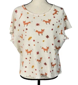 American Eagle X-Large Pajama Top Fox Print Waffle Knit Thermal Short Sleeve thumbnail 1