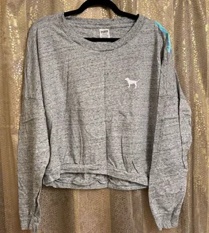 PINK Victorias Secret Heather Gray Cropped Tropical Logo Long Sleeve‎ Top Large thumbnail 1