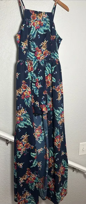 Band of Gypsies Blue Floral Romper Maxi Dress Hybrid Smocked Fall Party thumbnail 1