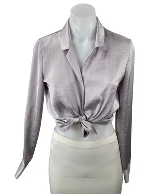 Aritzia Wilfred Purple Lilac Silk Satin Long Sleeve Crop Tie Button Up Shirt XS thumbnail 1