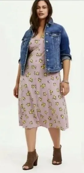 Torrid Floral Midi Dress Plus Size Mauve Lemon Print V Neck‎ Short Sleeve 0 12 thumbnail 1