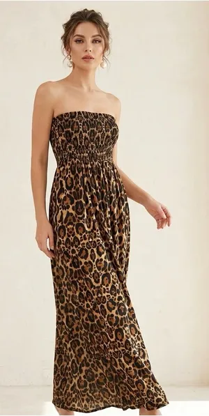 H&M DIVIDED Women’s Strapless Animal Print Tube Smocked Top Maxi Dress Size US 4 thumbnail 1