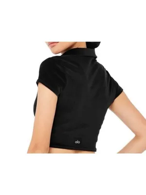 Alo Velour Choice Polo Black Velvet Fuzzy Cropped Short Sleeve Henley Crop Top thumbnail 2