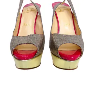Christian Louboutin Lady Peep Slingback Glitter Pumps Platine Gold Pink Red 36.5 thumbnail 6