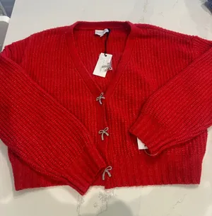 Pink Rose red knit oversized cropped sweater with jewel bow buttons size L NWT thumbnail 1