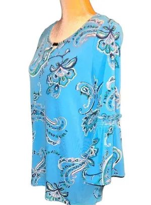 Dana Buchman pretty turquoise blue paisley stretchy top with bell sleeves thumbnail 6