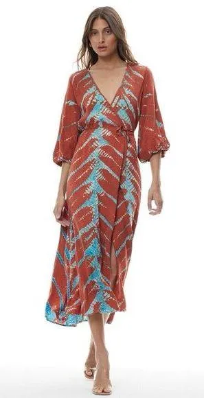 Young Fabulous &‎ Broke Belle Midi Wrap Dress Medium Mud Savannah Rust Blue thumbnail 1