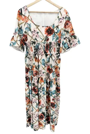 White Floral Maxi Dress Size L Flowy Feminine Long‎ Summer Lightweight Boho thumbnail 1