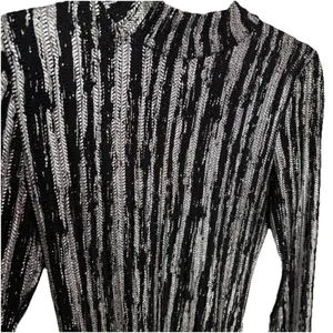 Luxxel Black Silver Metallic Knit Mock Neck Bell Sleeve Bodysuit Size Medium thumbnail 3
