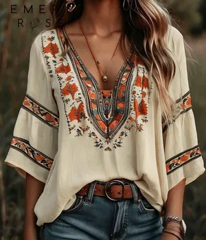 Bohemian Embroidered V-Neck Peasant Blouse thumbnail 1